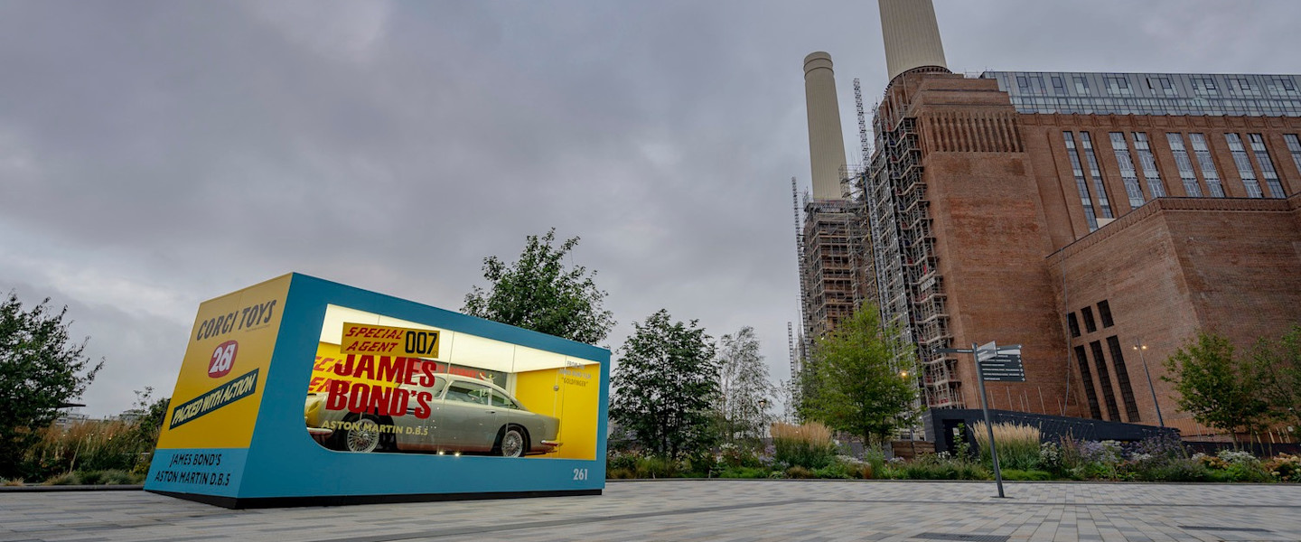 The full-size replica of the original 1965 Corgi DB5 model sits outside Battersea Power Station