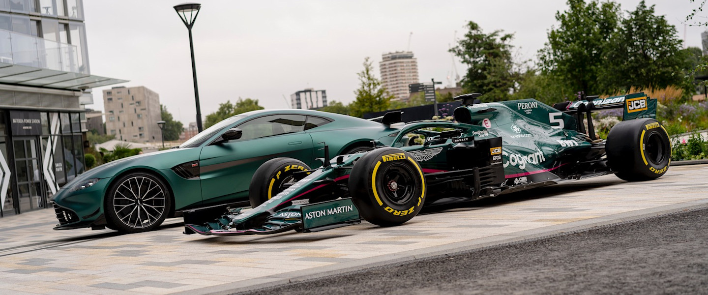 The AMR21 takes its place in Battersea